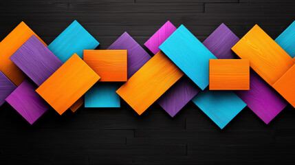 Poster - Bold geometric color blocks in vibrant orange, purple, and blue create dynamic visual on black wooden background, evoking sense of modern art and creativity
