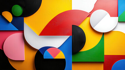 Poster - Bold and vibrant abstract forms featuring geometric shapes and colors. This artwork showcases dynamic composition with circles, squares, and curves in playful arrangement