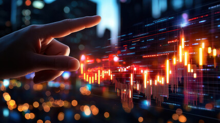 Fototapete - Hand pointing at digital financial graph with glowing data visualization, representing economic trends and market analysis in modern city setting