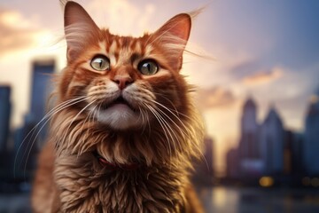 Wall Mural - Portrait of a smiling somali cat while standing against modern cityscape background