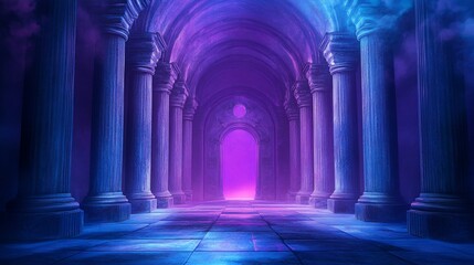 mystical purple and blue lit hallway with columns and arched ceiling.