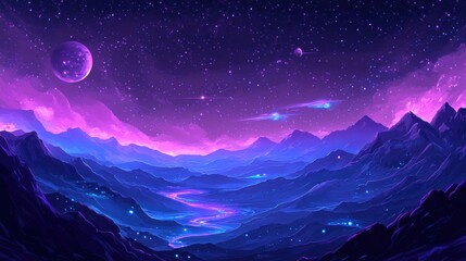 Wall Mural - Dreamy Cosmic Landscape with Stars and Mountains in Purple Hues