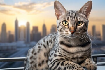 Wall Mural - Portrait of a funny egyptian mau cat over modern cityscape background