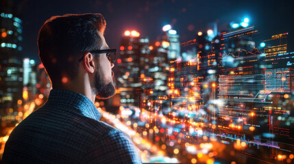 Aufkleber - business professional analyzing global economic data in modern city at night, surrounded by digital graphs and statistics, reflecting on market trends and insights