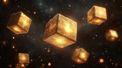 Wall Mural - Glowing Golden Cubes Floating in a Cosmic Space Background