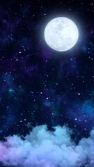 Wall Mural - full moon and starry night sky with clouds meditation vertical background,glowing and shiny stars  relaxing social media design element