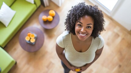 Happy woman holding fruit in modern bright living room setting