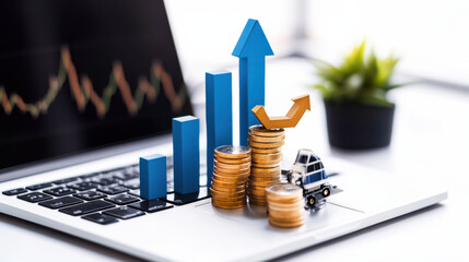 Fototapete - Maximize profits with growth strategies, featuring coins, graphs, and toy truck on laptop. This symbolizes financial success and business development