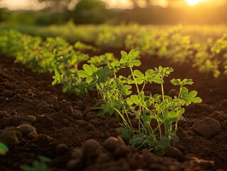 Wall Mural - Young peanut plants growing in sunset farmland.