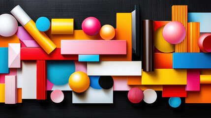 Fototapete - vibrant arrangement of colorful geometric shapes, including spheres, cylinders, and rectangles, creates captivating visual experience. interplay of colors and forms evokes sense of creativity and