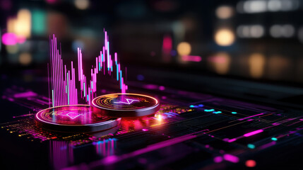 Aufkleber - vibrant digital representation of cryptocurrency with glowing coins and data visualizations. colorful graph indicates market trends and fluctuations, creating engaging atmosphere