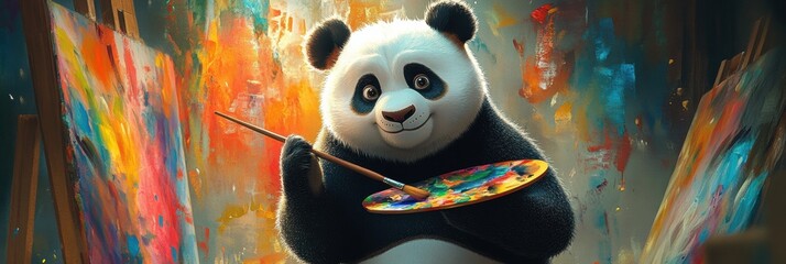 Poster - Panda artist joyfully creating colorful artwork in a vibrant studio filled with paint and canvases. Generative AI