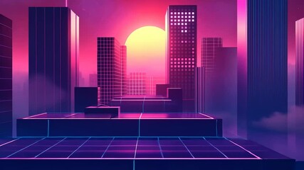 Wall Mural - Retro Futuristic Cityscape at Sunset: A Synthwave Digital Art