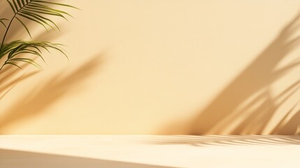 Aufkleber - Empty shelf casting a palm tree shadow on a beige wall, illuminated by sunlight, creating an ideal backdrop for displaying products or designs in a clean, modern setting