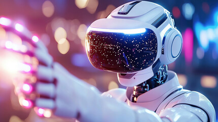 Aufkleber - futuristic robot wearing virtual reality goggles interacts with digital environment, showcasing advanced technology and entertainment possibilities