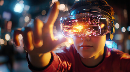 Poster - young person wearing futuristic virtual reality goggles interacts with digital interface, showcasing immersive experience of technology in entertainment