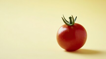 Wall Mural - bright red tomato with small green stem placed on smooth pastel yellow background with soft shadows