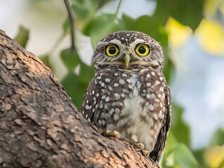 Wall Mural - perched owl, tree branch, forest, daytime. wildlife nature photography for websites, blogs.