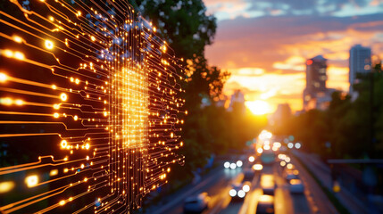 Aufkleber - vibrant sunset illuminates urban landscape, with digital circuitry overlay symbolizing AI impact on city infrastructure. scene captures innovation and technology in harmony