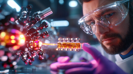 Aufkleber - biotechnologist in lab carefully examines vaccine vials while working with advanced technology. scene highlights innovation and dedication in vaccine development
