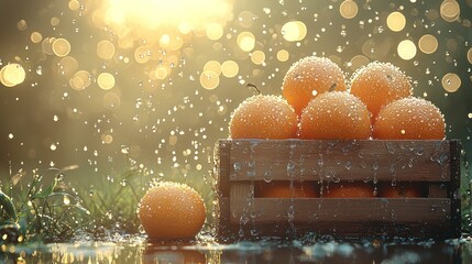 Fresh oranges in a wooden crate with raindrops.