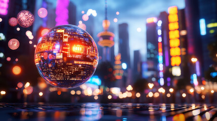 Aufkleber - futuristic cityscape with glowing orb reflecting vibrant lights, showcasing economic growth in emerging markets. scene captures urban development and innovation