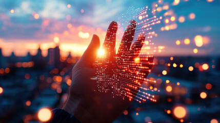 Aufkleber - Hand reaching out with digital particles and sunset background, symbolizing technology and innovation. blend of nature and digital transformation creates captivating scene