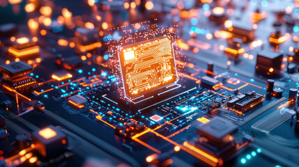 Aufkleber - vibrant microchip illuminated with glowing circuits on circuit board, showcasing advanced technology and artificial intelligence. intricate details create futuristic atmosphere