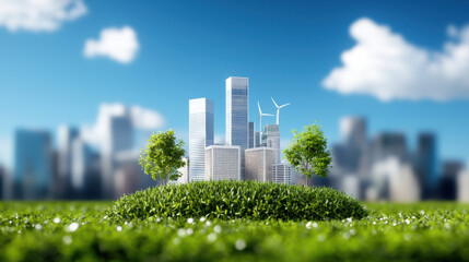Poster - city skyline with sustainable infrastructure, featuring green spaces, wind turbines, and modern buildings, symbolizes eco friendly urban development