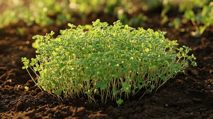 Wall Mural - Young green plants growing in soil, sunset light, agriculture field background, healthy food production.