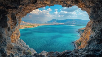 Coastal cave view of turquoise bay, mountains, and cloudy sky.