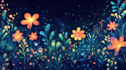 Sticker - Luminous Flowers Bloom Underneath A Night Sky