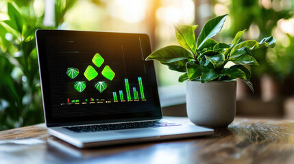 Poster - digital dashboard displaying green economy analysis on laptop, surrounded by plants, symbolizes sustainability and eco friendly practices