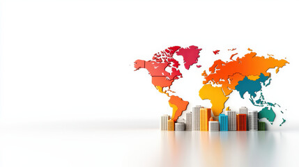 Poster - colorful world map with city skyline silhouettes represents global economic trends and diversity. This infographic highlights various regions and their unique characteristics