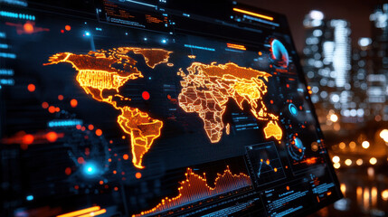 Poster - digital infographic showcasing global economic trends with world map illuminated in orange. background features city skyline at night, enhancing futuristic feel