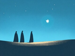 Wall Mural - Three Figures Journey Under Starlit Night Sky Peaceful Desert Landscape