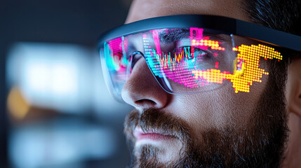 Fototapete - digital journalist wearing augmented reality glasses, showcasing vibrant data visualizations. glasses display colorful graphics, enhancing storytelling experience