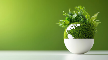 Poster - green globe with lush plants symbolizes global sustainability and environmental awareness. This digital landscape emphasizes importance of eco friendly practices and nature conservation