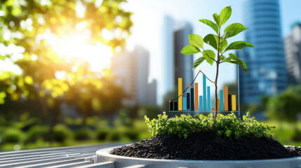 Poster - young plant growing in soil with digital growth chart overlay, symbolizing sustainable development and environmental progress in urban setting
