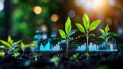 Poster - Growing plants with digital data visualization representing green economy
