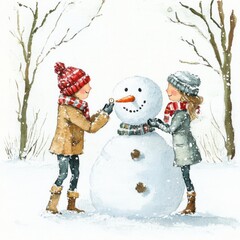 Children building a snowman winter wonderland digital art snowy forest close-up family fun