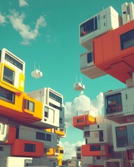 Wall Mural - Futuristic modular buildings with vibrant colors against a blue sky.