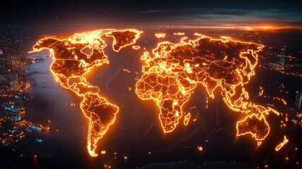 Poster - digital world map with glowing regions representing global connectivity, showcasing vibrant lights and intricate details of continents and oceans