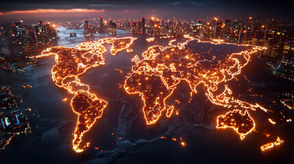 Aufkleber - digital world map illuminated by glowing regions, showcasing global connectivity and urban landscapes at night. vibrant lights create stunning visual representation of world