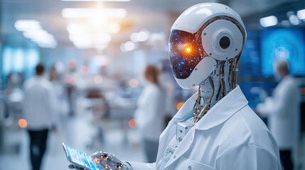 Poster - futuristic robot in lab coat holds tablet, symbolizing AI role in healthcare. scene showcases advanced technology and innovation in medical environments