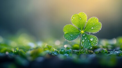 Wall Mural - Dew Drops Adorn A Single Clover Leaf In Sunlight