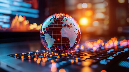 Aufkleber - dynamic scene depicting globalization with globe on keyboard, symbolizing technology and connectivity in business. vibrant colors and data visuals enhance modern feel