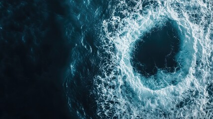 Wall Mural - aerial view of ocean waves forming circular pattern on dark background with space for text and desig
