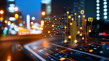 Fototapete - dynamic view of global markets with digital currency trends and data visualization, showcasing technology and finance in urban setting