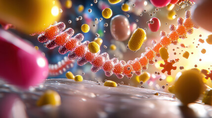 Poster - Dynamic visualization of molecular structures and microorganisms in vibrant colors, showcasing complexity of biological research and cellular interactions
